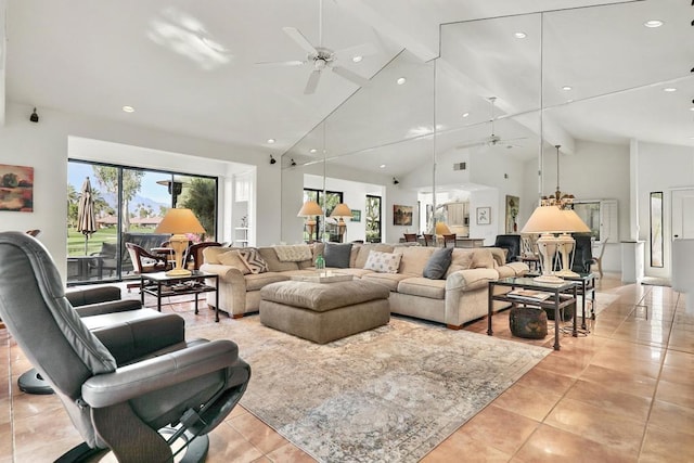 tiled living room with ceiling fan, high vaulted ceiling, and beam ceiling