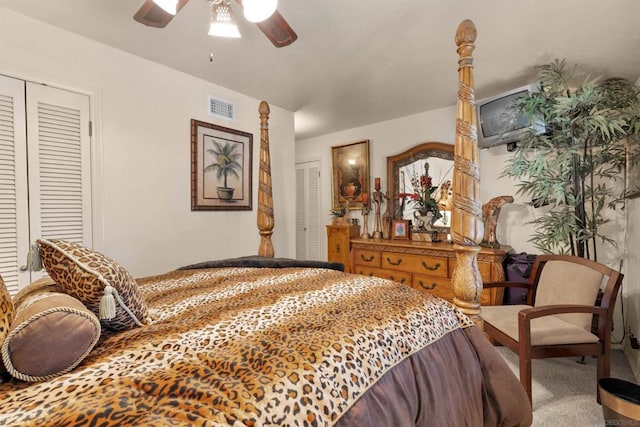 carpeted bedroom featuring ceiling fan