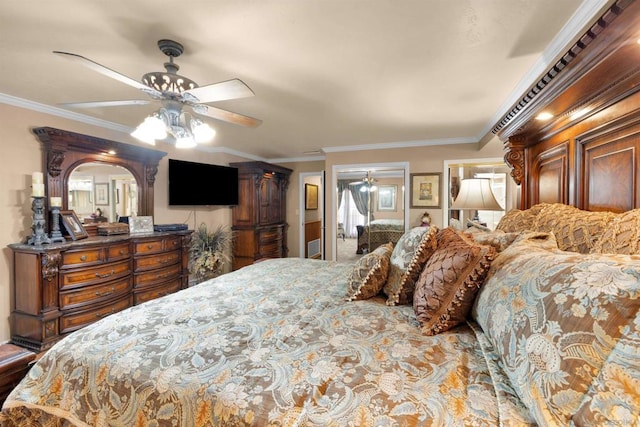 bedroom featuring ceiling fan and ornamental molding