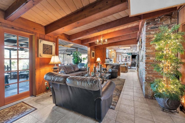 living room featuring beam ceiling, wooden ceiling, wood walls, and a notable chandelier