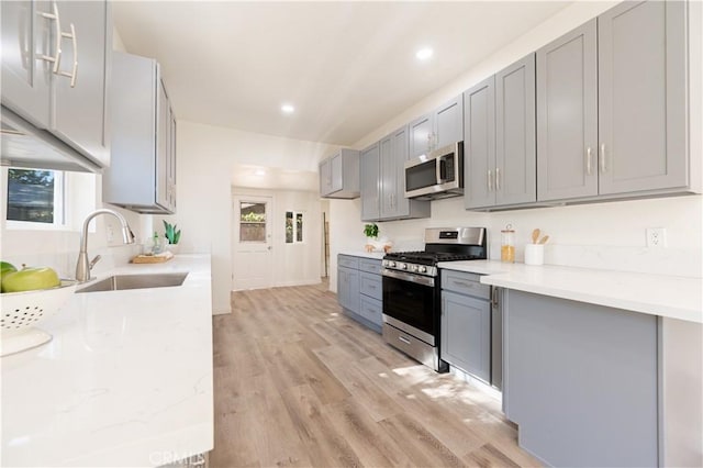 kitchen with stainless steel appliances, gray cabinets, sink, and plenty of natural light