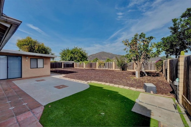 view of yard featuring a patio area and a mountain view