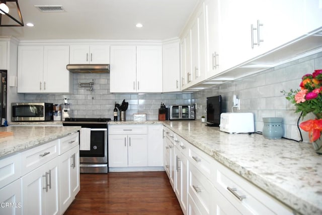 kitchen with white cabinetry, light stone counters, dark wood-type flooring, and stainless steel appliances