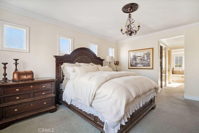 carpeted bedroom featuring ensuite bathroom, crown molding, and a notable chandelier