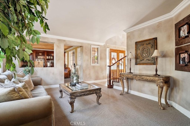 living room featuring lofted ceiling and french doors