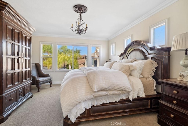 carpeted bedroom with ornamental molding and a notable chandelier