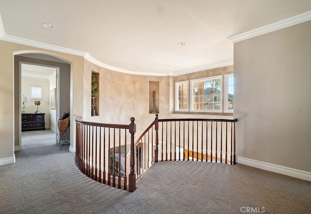 corridor featuring crown molding and carpet flooring