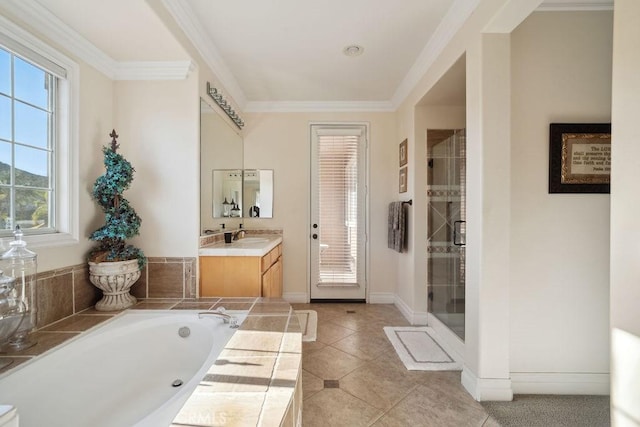 bathroom with tile patterned flooring, shower with separate bathtub, ornamental molding, and vanity