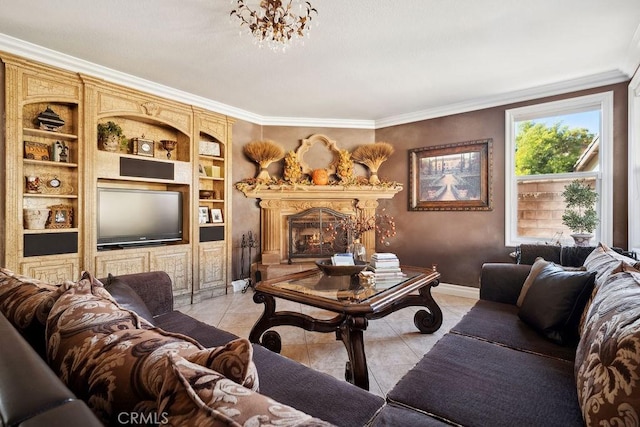 tiled living room with ornamental molding, a fireplace, a chandelier, and built in shelves