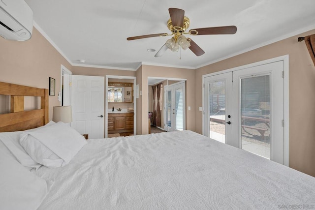 bedroom with ceiling fan, access to outside, a wall mounted air conditioner, french doors, and crown molding