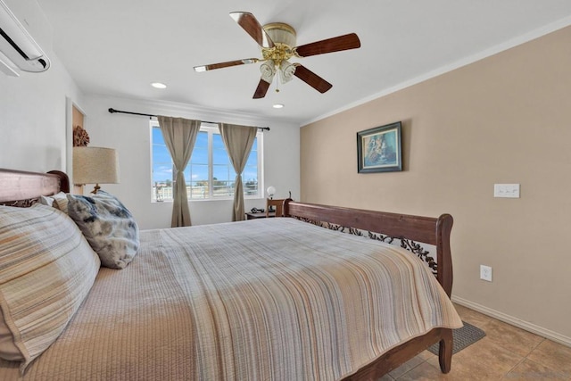 bedroom with ceiling fan, light tile patterned floors, crown molding, and a wall mounted air conditioner