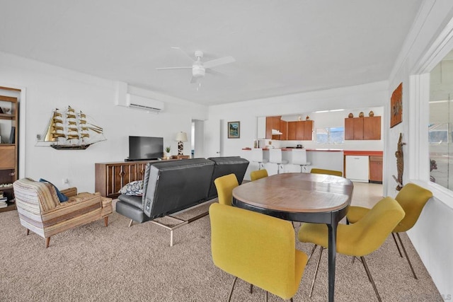 dining area featuring ceiling fan, light colored carpet, and a wall mounted air conditioner