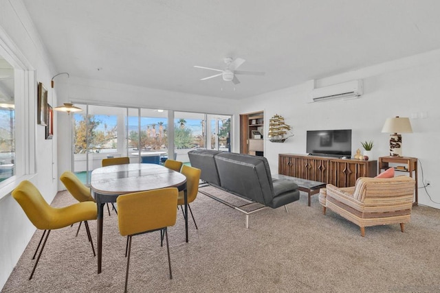 carpeted living room with ceiling fan and a wall mounted air conditioner