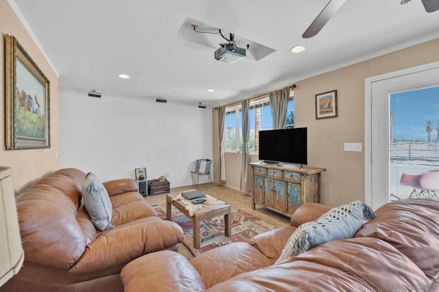 living room featuring ceiling fan