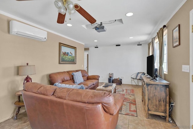 tiled living room with ceiling fan, ornamental molding, and a wall mounted air conditioner