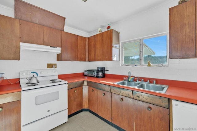 kitchen featuring sink, white appliances, and ornamental molding