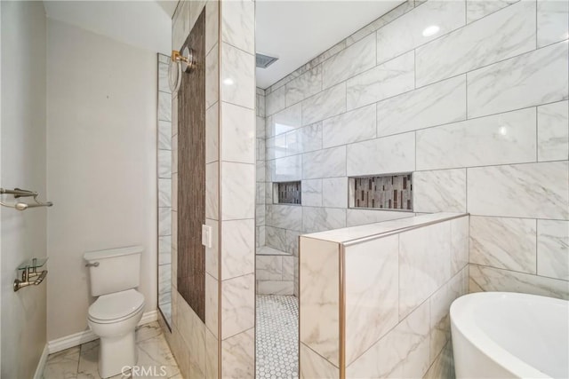 bathroom featuring toilet and shower with separate bathtub