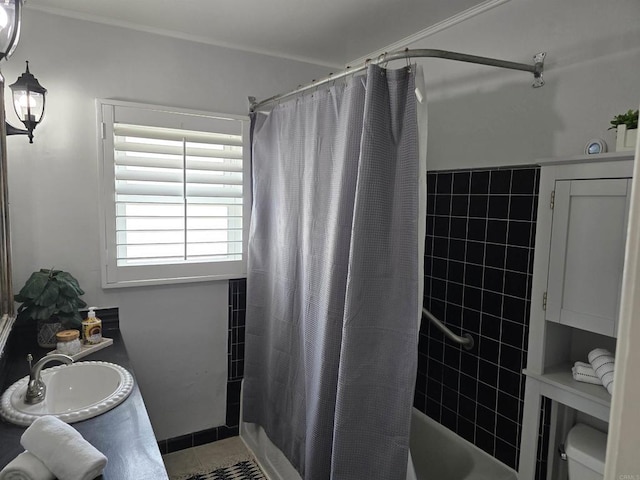 2416 J Ave, National City, CA 91950 - bathroom with a sink, shower / bath combo, tile patterned floors, toilet, and ornamental molding
