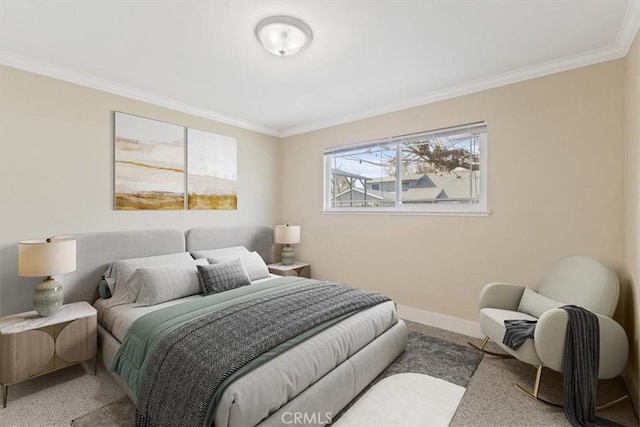 carpeted bedroom with ornamental molding