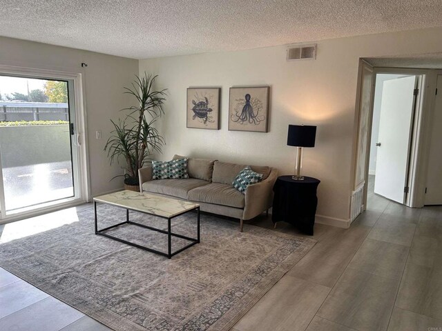 living room with a textured ceiling