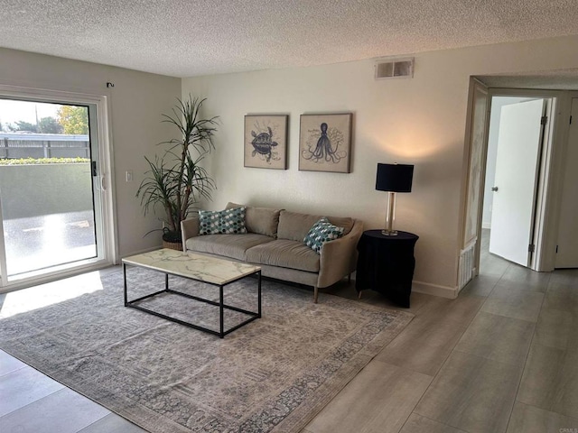 living room with a textured ceiling