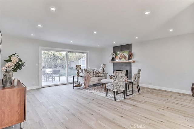 living room featuring a fireplace and light hardwood / wood-style flooring