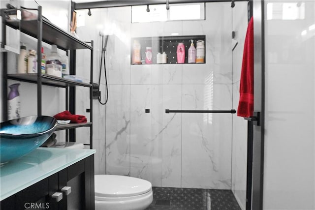 bathroom with an enclosed shower, vanity, and toilet