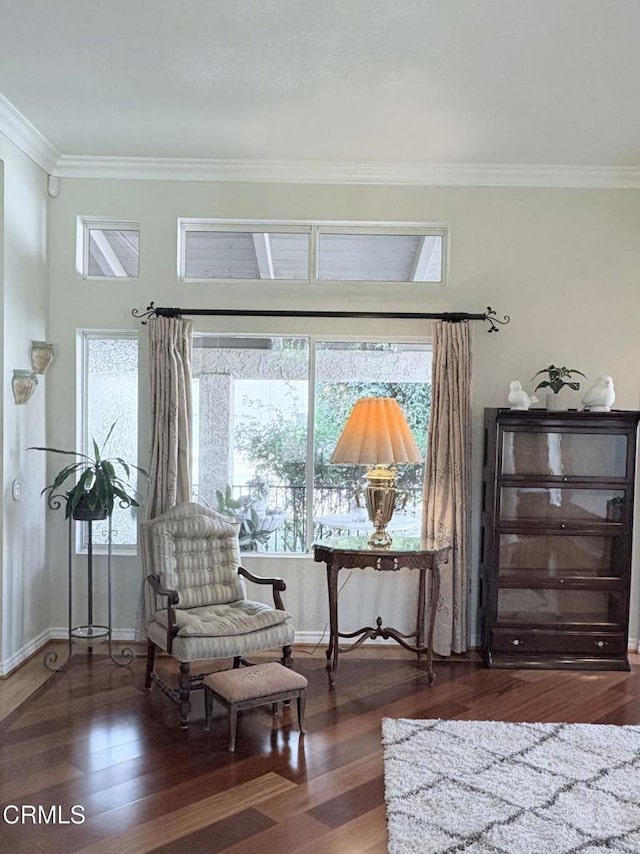 living area with dark hardwood / wood-style flooring and ornamental molding