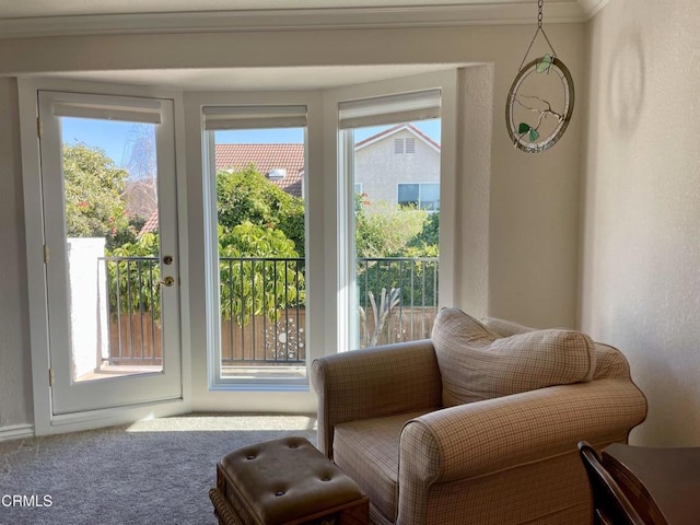 sitting room with crown molding and carpet floors