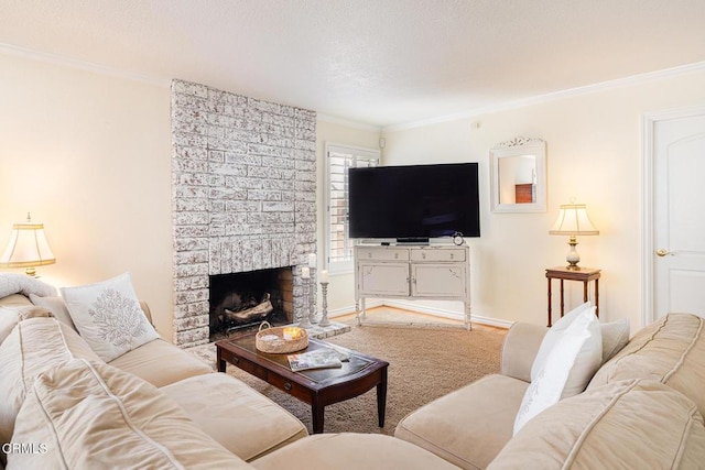 1590 Frazier St, Camarillo, CA 93012 - living area featuring crown molding, a brick fireplace, and a textured ceiling