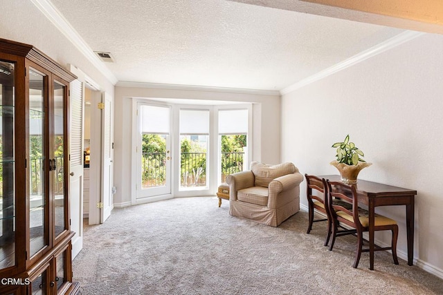 1590 Frazier St, Camarillo, CA 93012 - living area featuring carpet floors, crown molding, and a textured ceiling