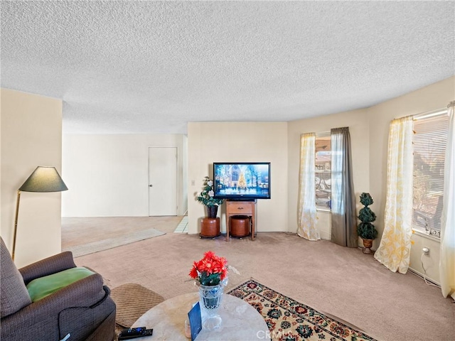 living room with light carpet, a textured ceiling, and a healthy amount of sunlight