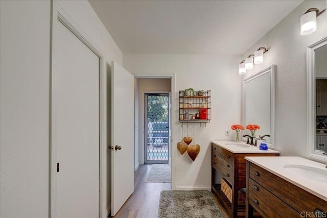 bathroom with hardwood / wood-style flooring and vanity