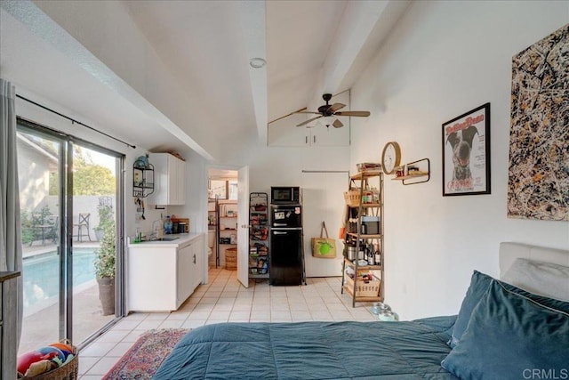 bedroom featuring light tile patterned flooring, lofted ceiling, sink, access to outside, and ceiling fan