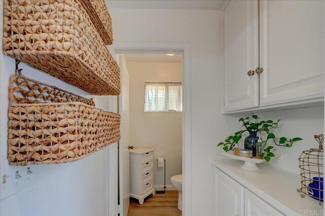 bathroom with toilet and hardwood / wood-style floors