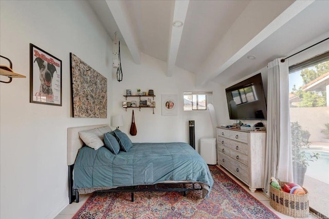 tiled bedroom with beam ceiling