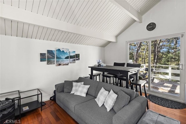 living room featuring vaulted ceiling with beams and dark wood-type flooring