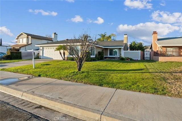 ranch-style house with a garage and a front lawn