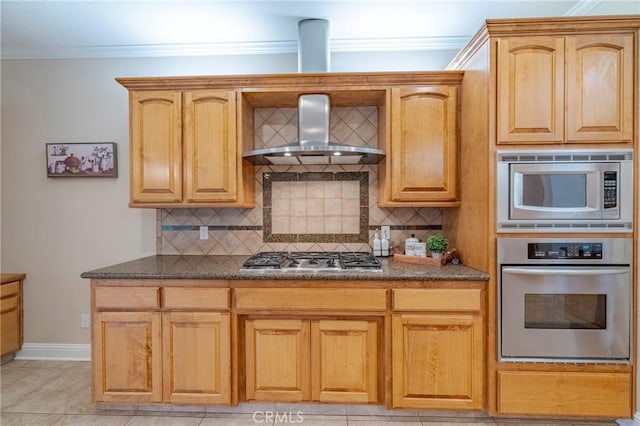 kitchen with backsplash, wall chimney range hood, crown molding, and stainless steel appliances