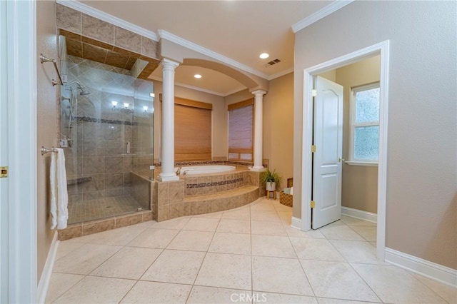 bathroom featuring decorative columns, crown molding, separate shower and tub, and tile patterned flooring