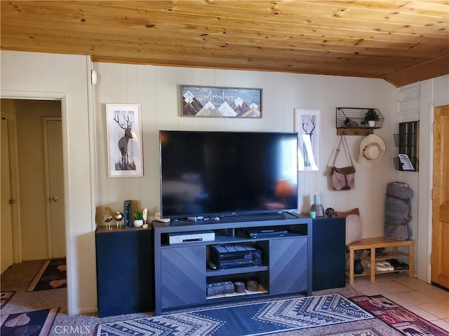 tiled living room featuring wooden ceiling, lofted ceiling, and wooden walls