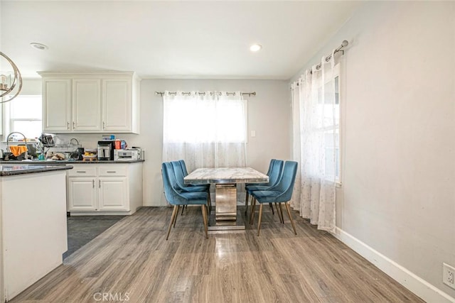 dining space featuring sink and wood-type flooring