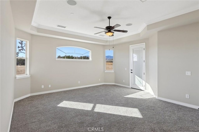 unfurnished room featuring ceiling fan, crown molding, a raised ceiling, and carpet floors