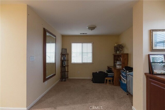 miscellaneous room featuring light colored carpet