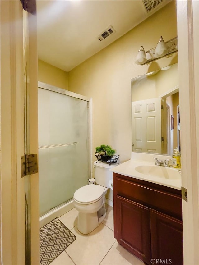 full bathroom featuring toilet, a stall shower, visible vents, and tile patterned floors