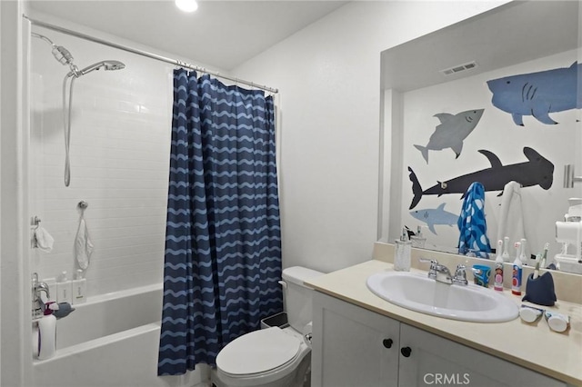 full bathroom with toilet, vanity, and shower / bath combination with curtain