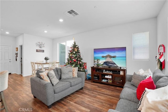 living room featuring dark wood-type flooring