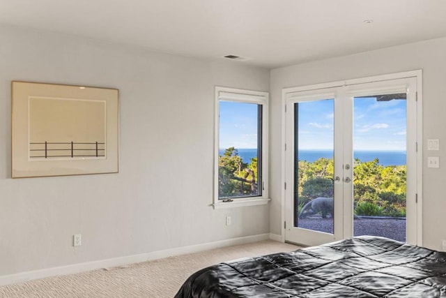 carpeted bedroom featuring access to exterior, a water view, and french doors