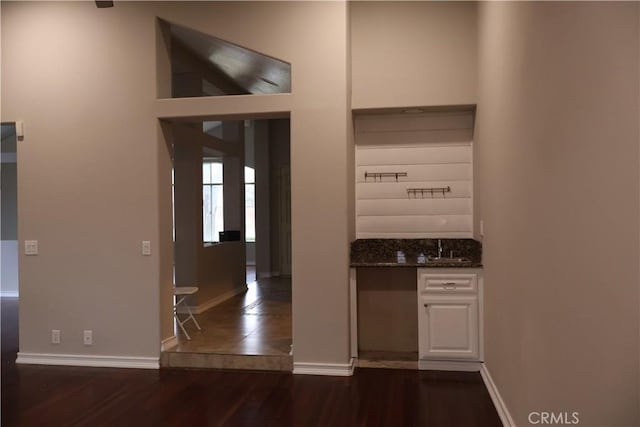 hallway featuring dark wood-type flooring and sink