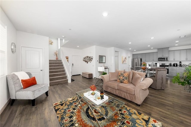 living room featuring dark wood-type flooring and sink